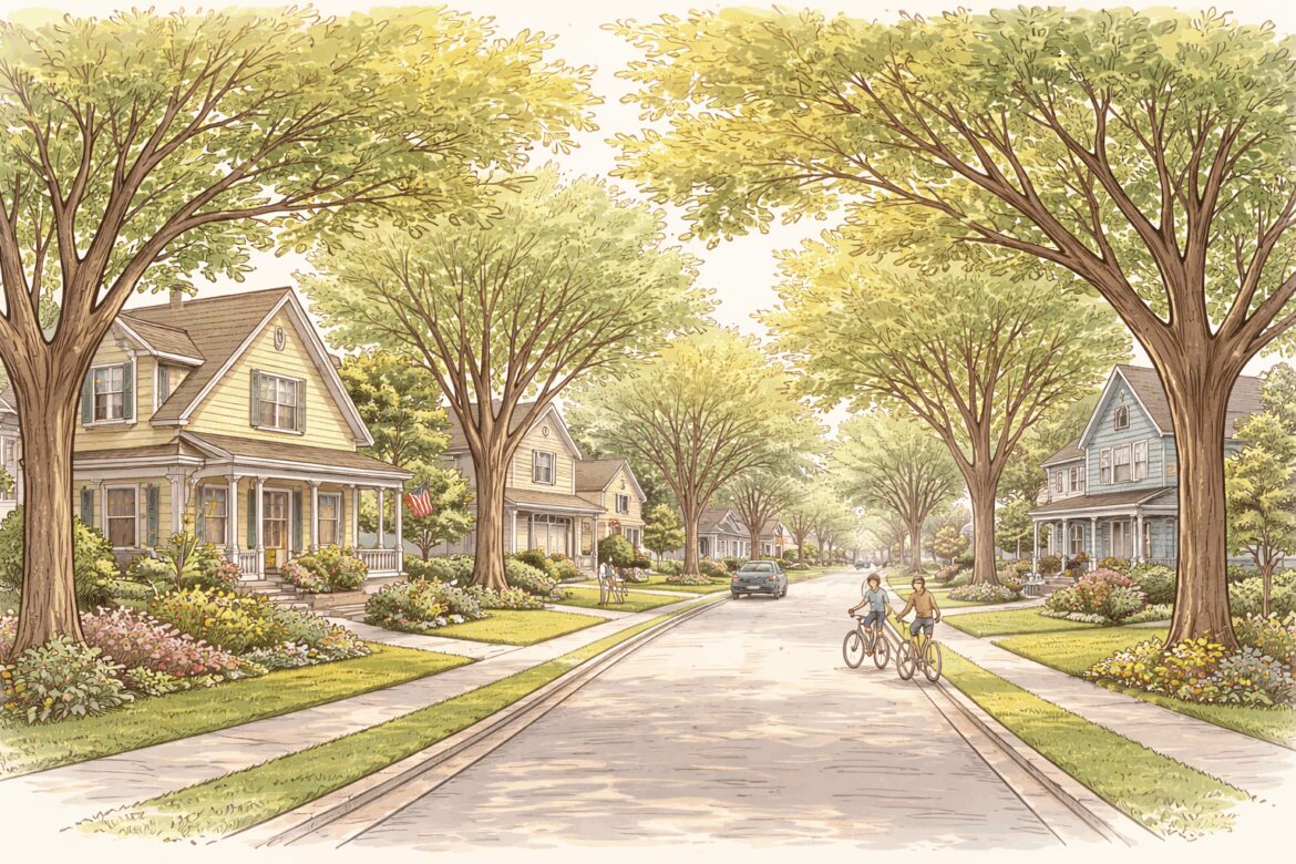 Tree-lined suburban street with people biking.